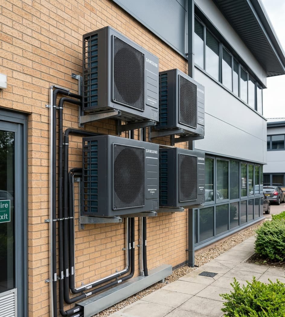 Multiple commercial ASHP units installed on a business premises
