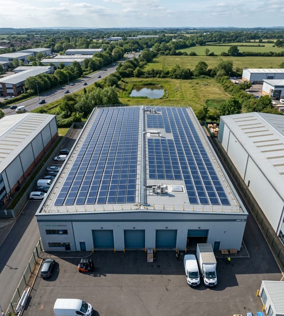 Large-scale commercial solar array on warehouse roof
