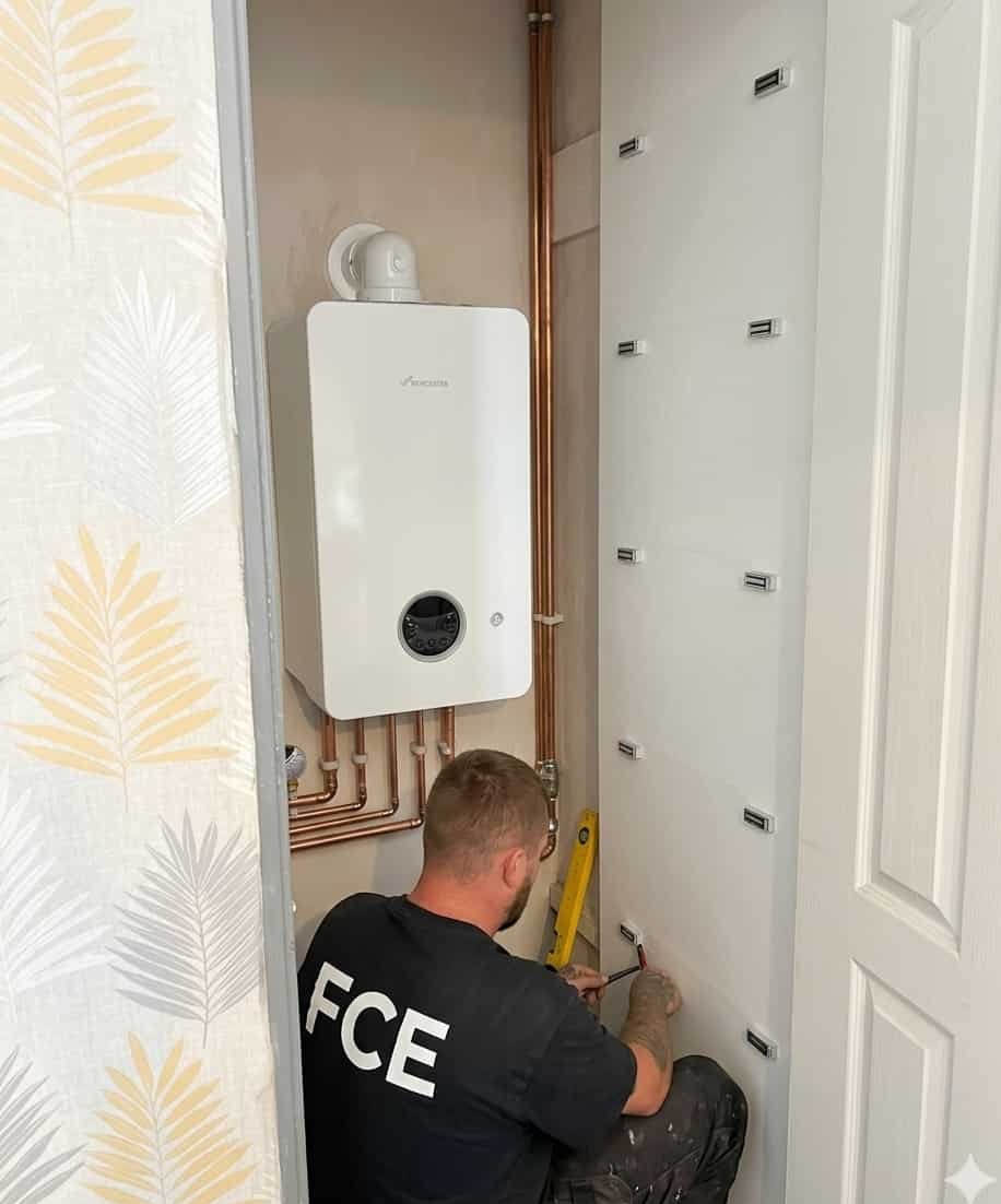 FCE engineer installing a new Worcester boiler in a South Wales property