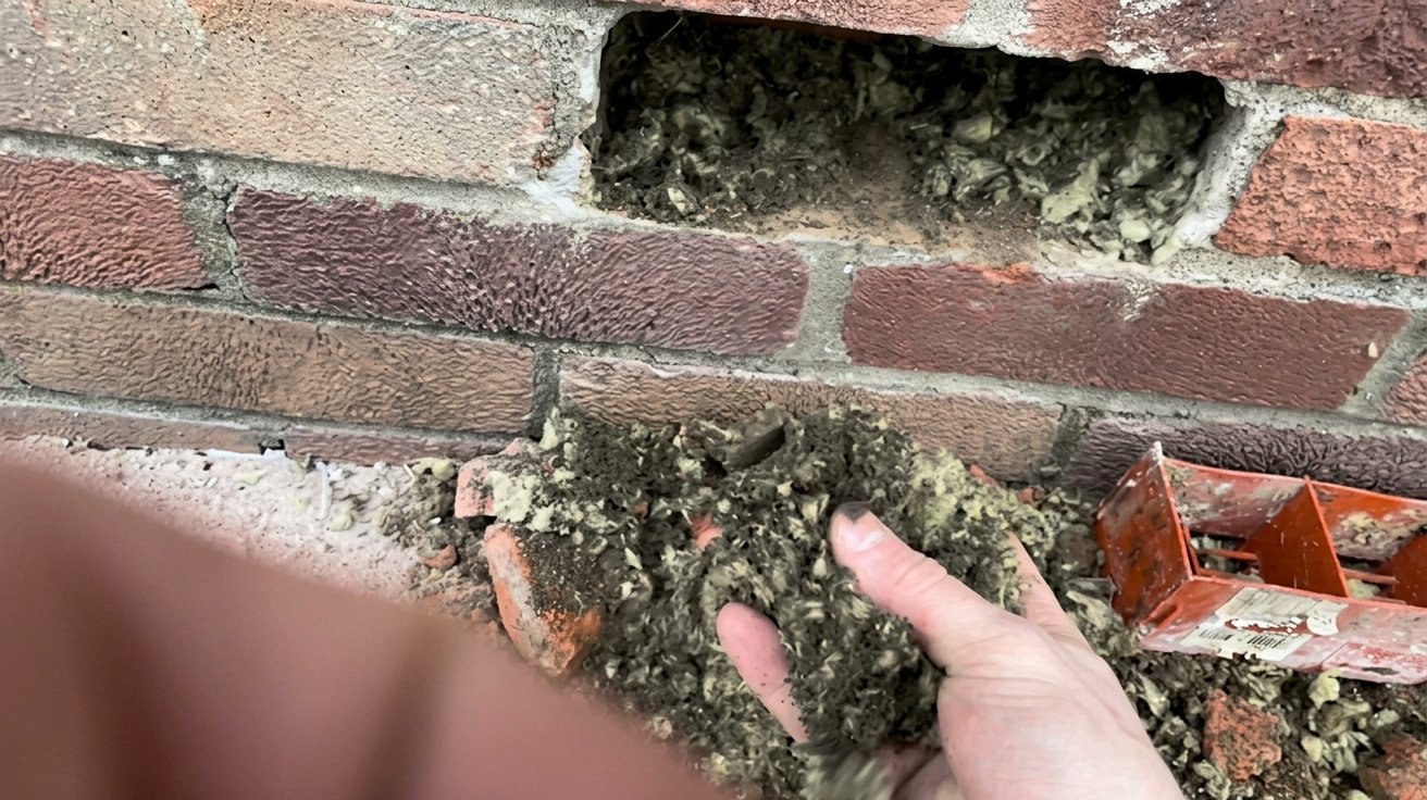 Failed cavity wall insulation — rotted, contaminated material being pulled from the wall cavity