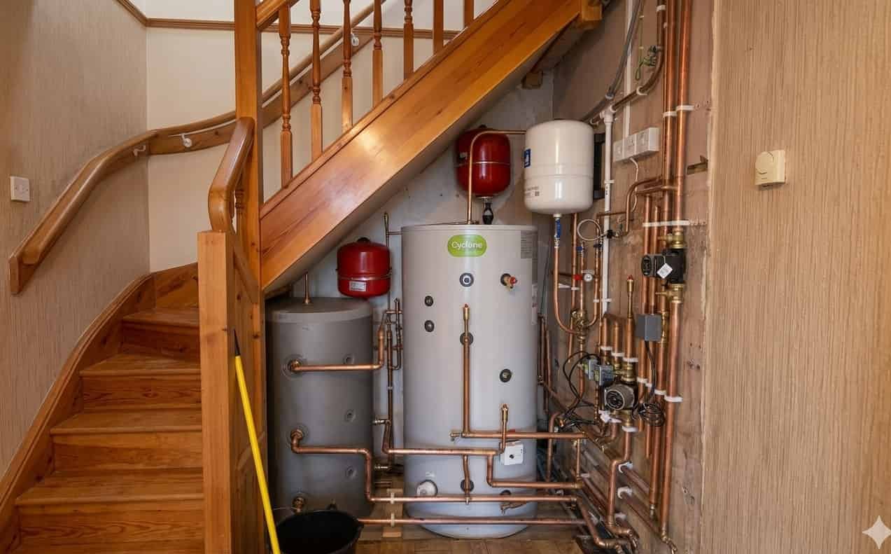 Case study installation, air source heat pump system with thermal store and cylinder