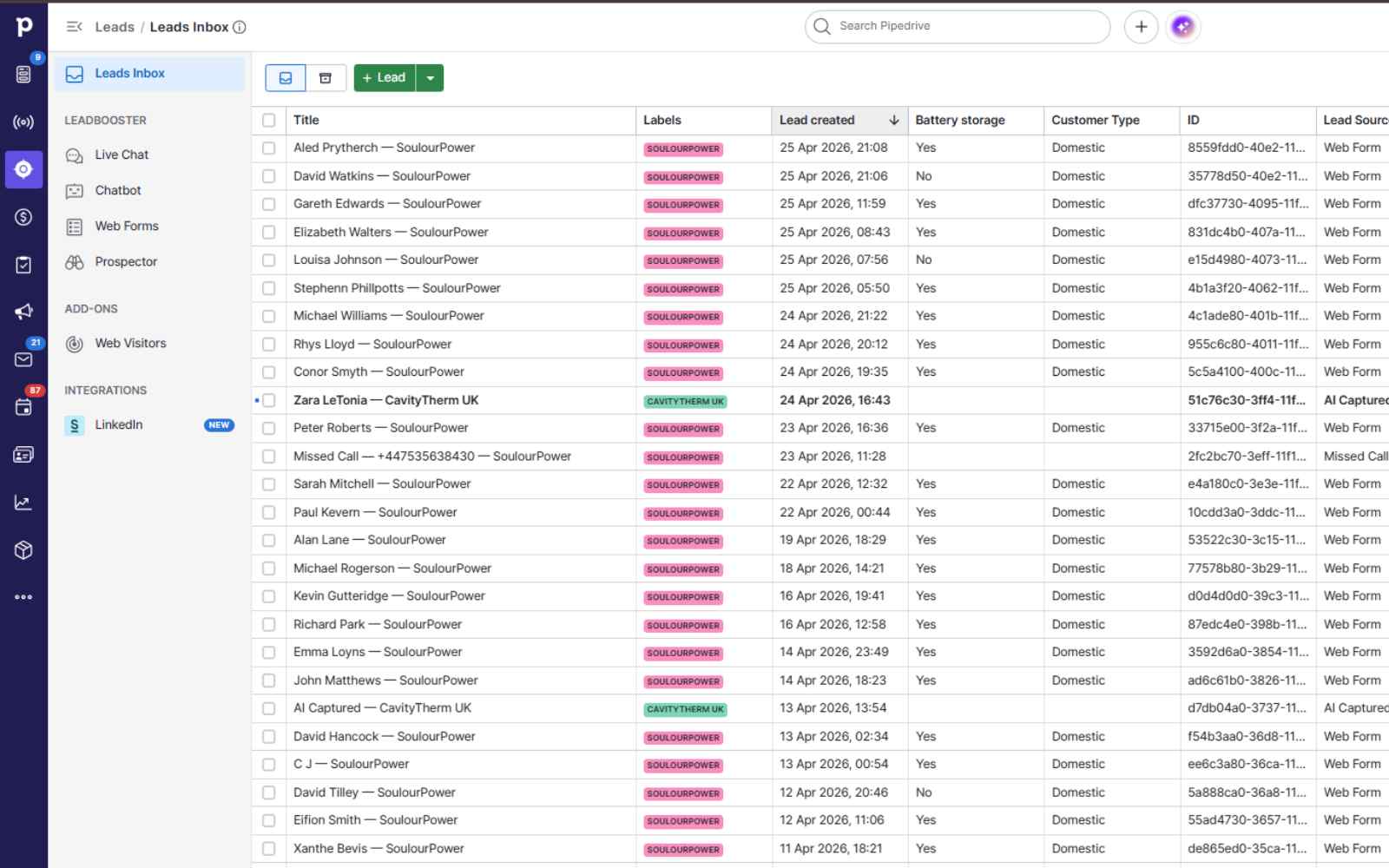Pipedrive leads inbox showing real customer enquiries