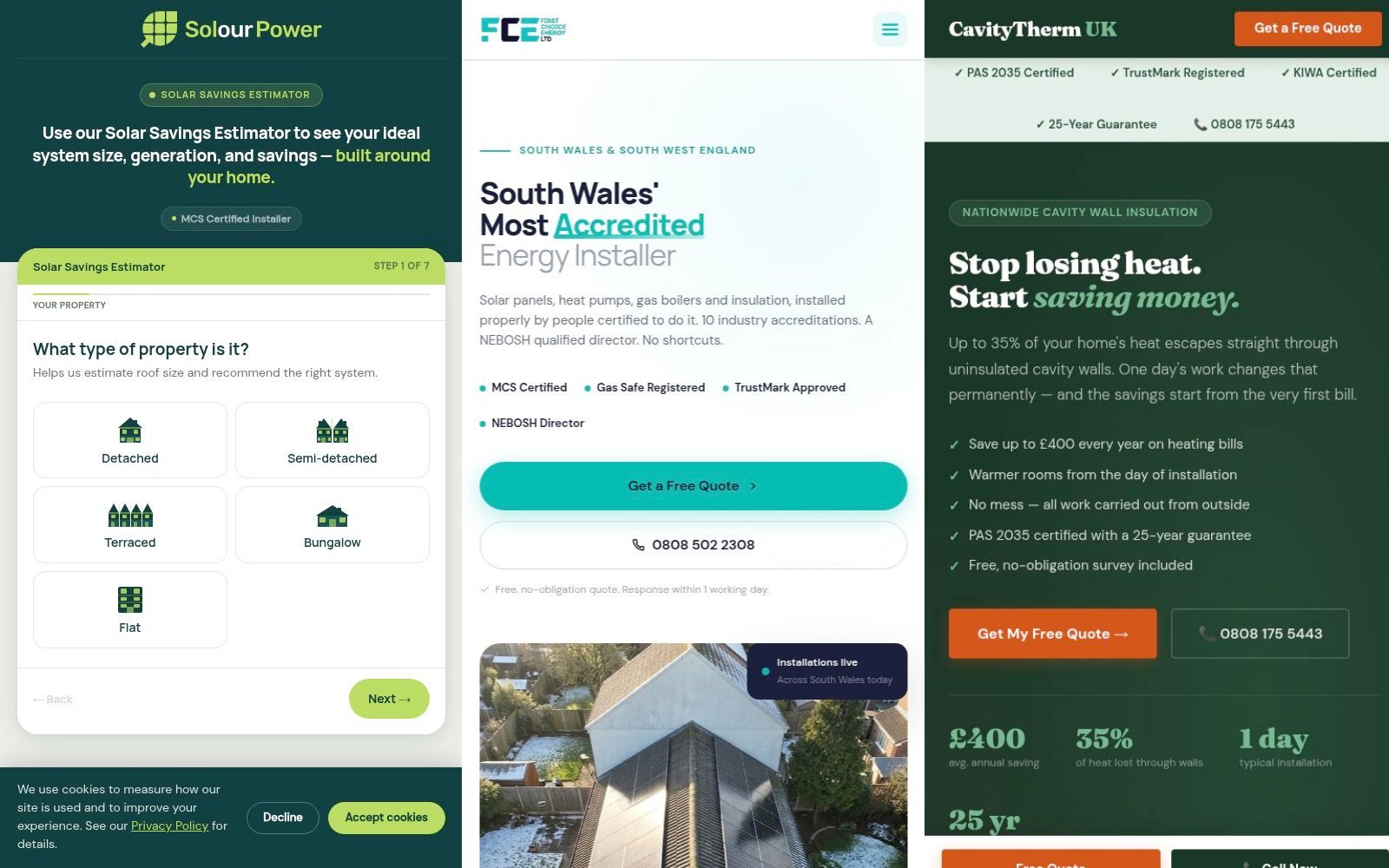 SoulourPower, FCE and CavityTherm UK homepage hero captures