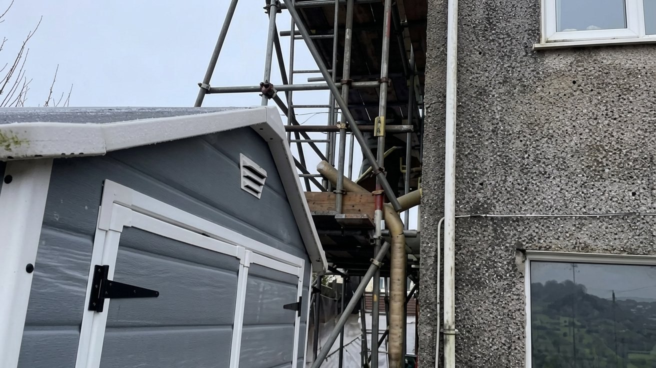 Cavity wall extraction case study — scaffolding and equipment in place at a South Wales property