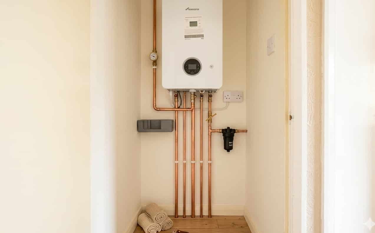 Completed gas boiler installation, Worcester boiler in utility room with neat pipework